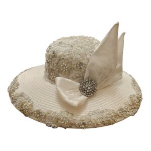 Whittall & Shon Women Ivory Lace Pearl Sequin Bow Rhinestone Wide Brim Derby Hat